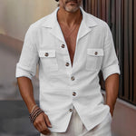 Men’s Linen Tailored Collar Casual Shirt – Spring & Autumn Button Pocket Fashion Top