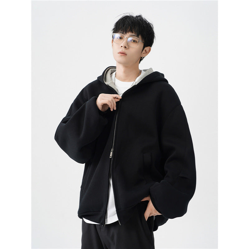 Men’s Double Zipper Hooded Sweater – Casual Loose-Fit Cardigan Jacket for Everyday Comfort