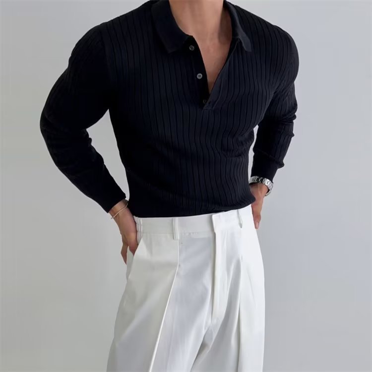 Men’s Slim Fit Lapel Button Polo Shirt – Solid & Striped Knitted Long Sleeve Casual Top