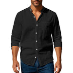 Men’s Long Sleeve Stand Collar Linen Shirt | Casual Button-Up with Pockets – Lightweight & Stylish