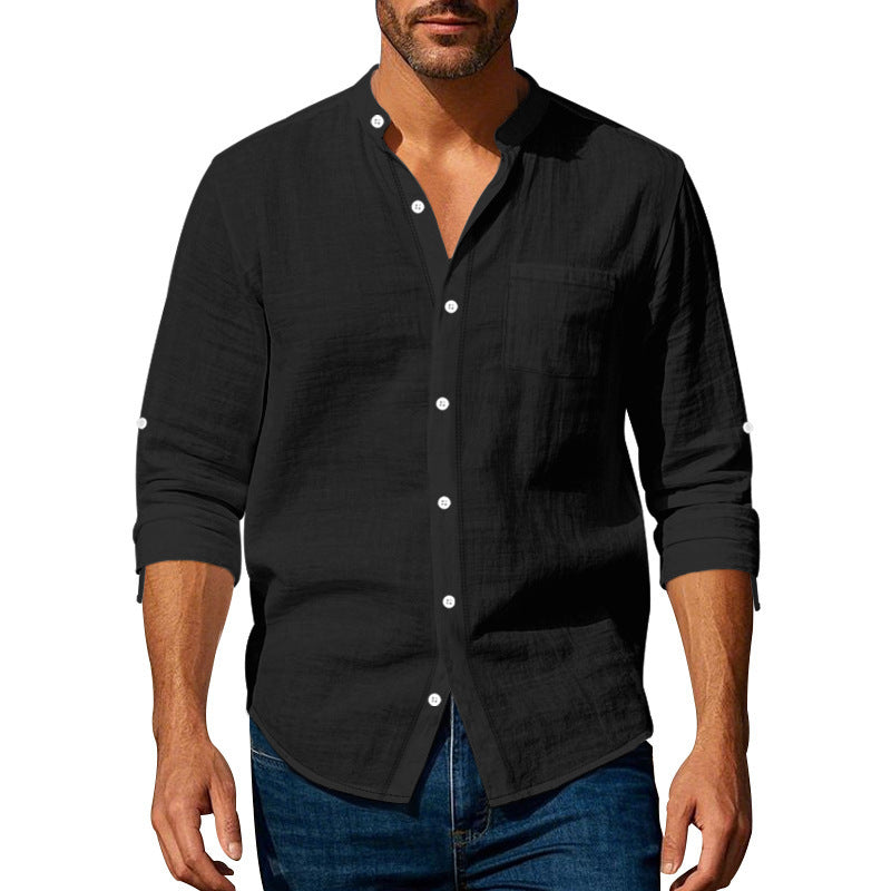 Men’s Long Sleeve Stand Collar Linen Shirt | Casual Button-Up with Pockets – Lightweight & Stylish