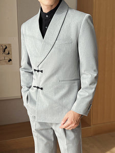 Men’s Retro Solid Color Two-Piece Suit Set – Slim Fit Light Business Outfit with Green Collar