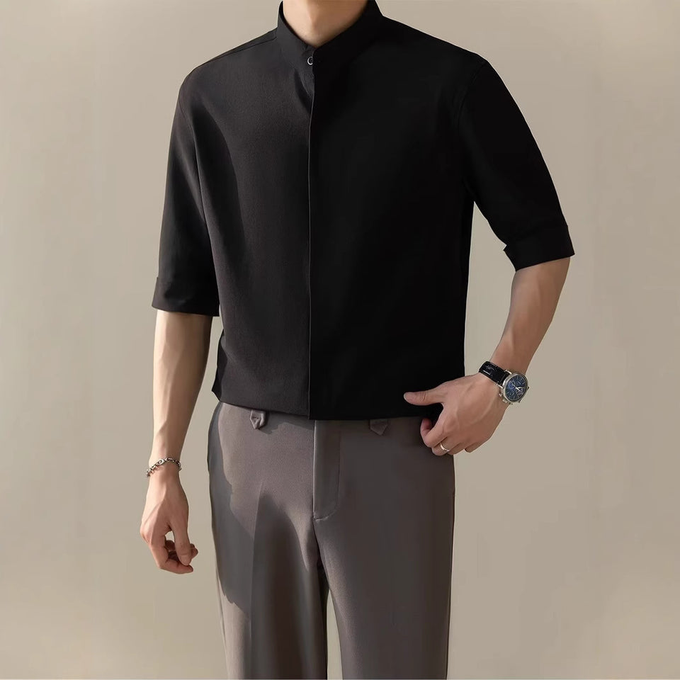Men’s Thin Stand Collar Short Sleeve Shirt – Casual Lightweight Half Sleeve Summer Top