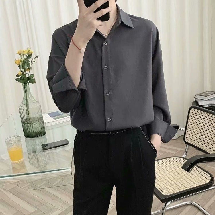 Men’s Loose Lace-Up Long Sleeve Shirt – Casual Silk-Linen Blend Solid Color Top for Teens & Adults