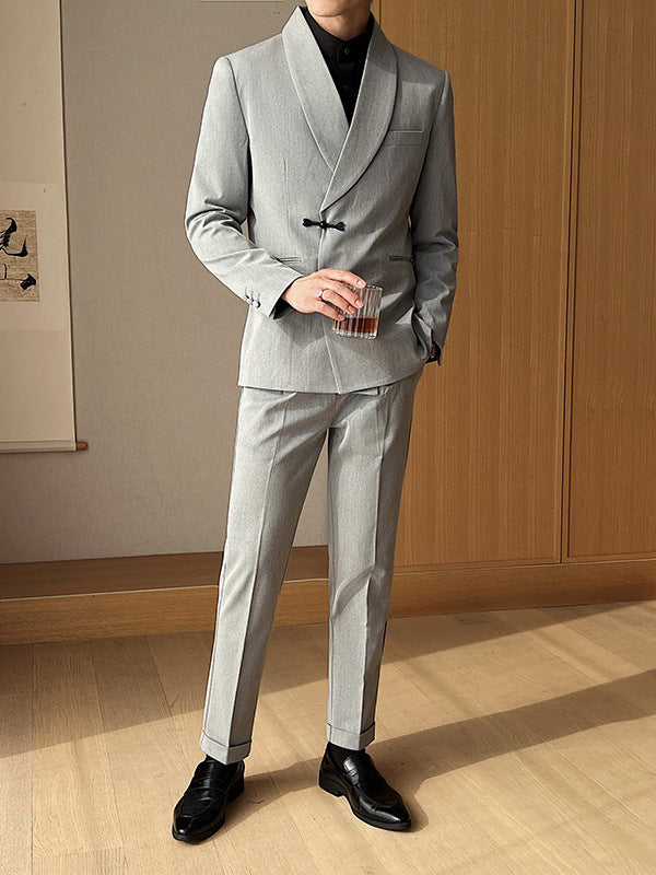 Men’s Retro Solid Color Two-Piece Suit Set – Slim Fit Light Business Outfit with Green Collar