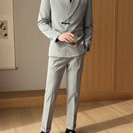 Men’s Retro Solid Color Two-Piece Suit Set – Slim Fit Light Business Outfit with Green Collar