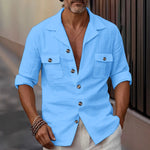 Men’s Linen Tailored Collar Casual Shirt – Spring & Autumn Button Pocket Fashion Top