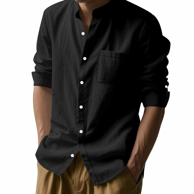 Men’s Long Sleeve Stand Collar Linen Shirt | Casual Button-Up with Pockets – Lightweight & Stylish