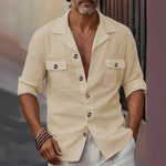 Men’s Linen Tailored Collar Casual Shirt – Spring & Autumn Button Pocket Fashion Top
