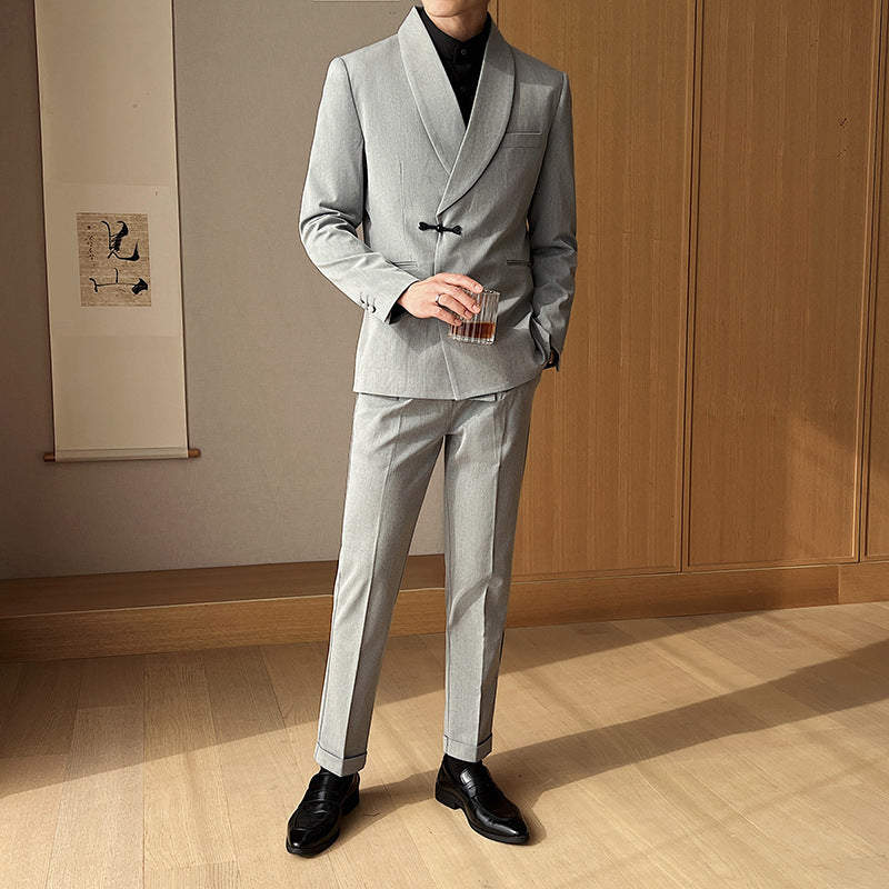 Men’s Retro Solid Color Two-Piece Suit Set – Slim Fit Light Business Outfit with Green Collar