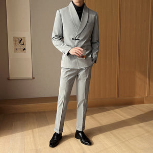 Men’s Retro Solid Color Two-Piece Suit Set – Slim Fit Light Business Outfit with Green Collar
