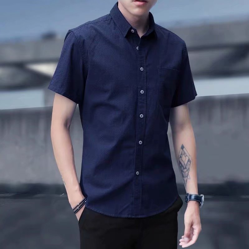 Trendy Handsome Summer Men’s Short Sleeve Shirt – Korean Style Cotton Blend Casual Top