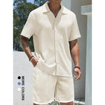 Men’s Solid Color Shirt & Shorts Two-Piece Set – Casual Knitwear Outfit for All Seasons