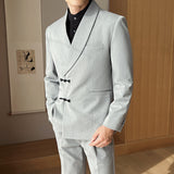 Men’s Retro Solid Color Two-Piece Suit Set – Slim Fit Light Business Outfit with Green Collar