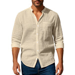 Men’s Long Sleeve Stand Collar Linen Shirt | Casual Button-Up with Pockets – Lightweight & Stylish
