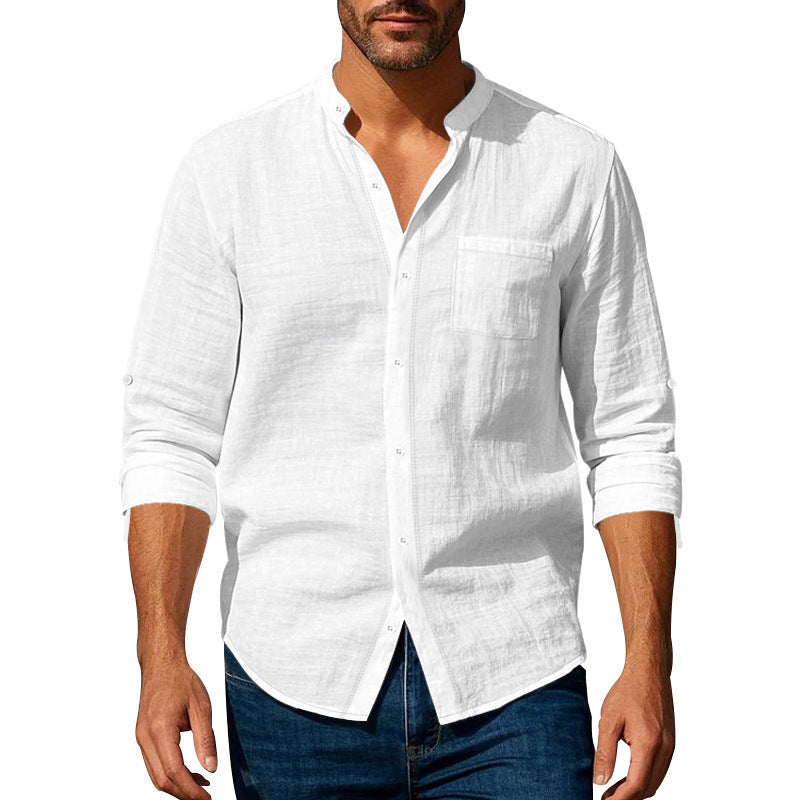 Men’s Long Sleeve Stand Collar Linen Shirt | Casual Button-Up with Pockets – Lightweight & Stylish