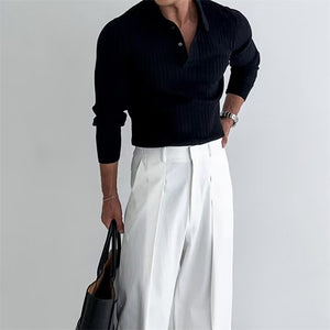 Men’s Slim Fit Lapel Button Polo Shirt – Solid & Striped Knitted Long Sleeve Casual Top
