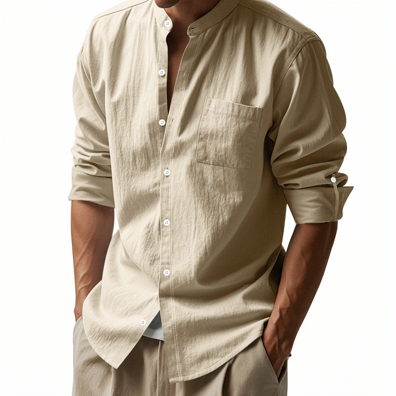 Men’s Long Sleeve Stand Collar Linen Shirt | Casual Button-Up with Pockets – Lightweight & Stylish
