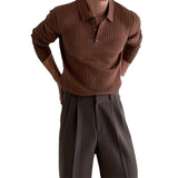 Men’s Slim Fit Lapel Button Polo Shirt – Solid & Striped Knitted Long Sleeve Casual Top