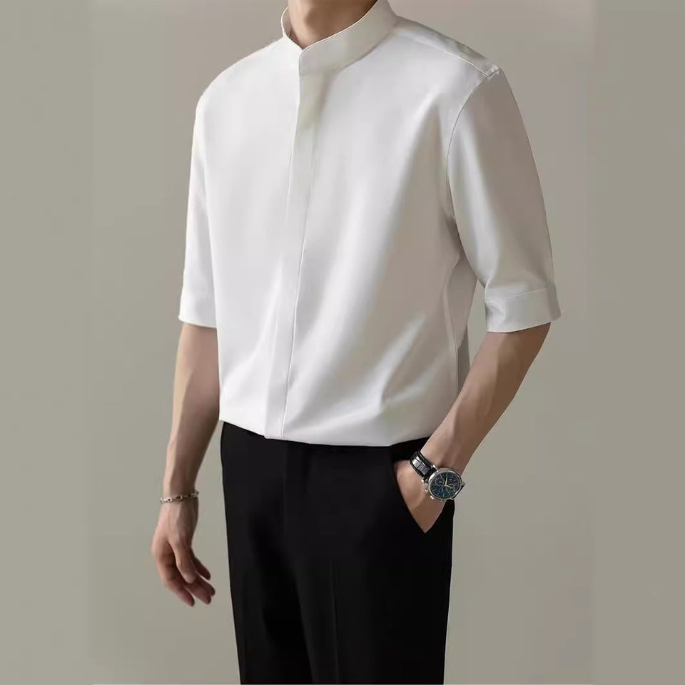 Men’s Thin Stand Collar Short Sleeve Shirt – Casual Lightweight Half Sleeve Summer Top