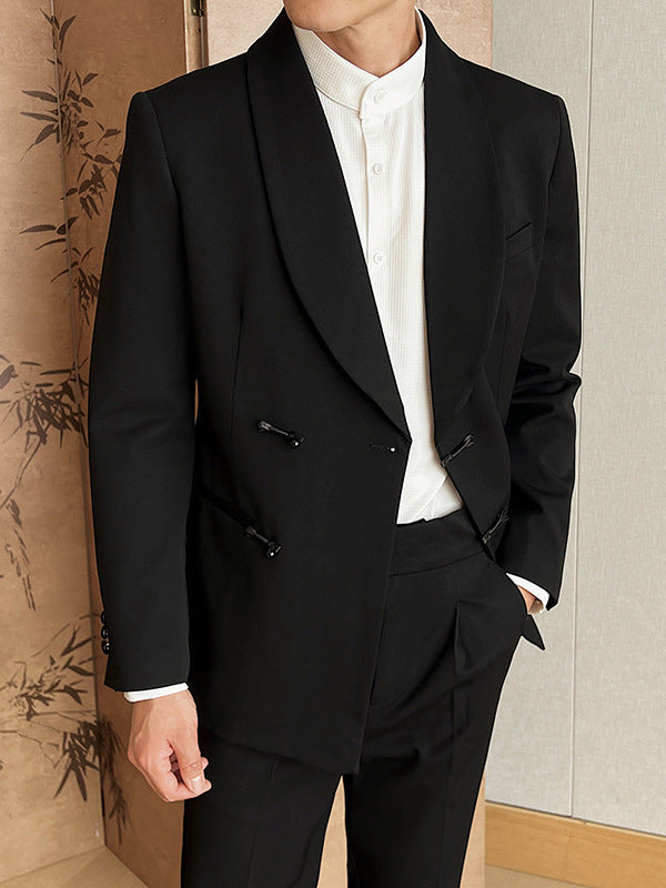 Men’s Retro Solid Color Two-Piece Suit Set – Slim Fit Light Business Outfit with Green Collar