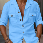 Men’s Linen Tailored Collar Casual Shirt – Spring & Autumn Button Pocket Fashion Top