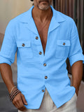 Men’s Linen Tailored Collar Casual Shirt – Spring & Autumn Button Pocket Fashion Top