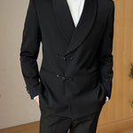 Men’s Retro Solid Color Two-Piece Suit Set – Slim Fit Light Business Outfit with Green Collar