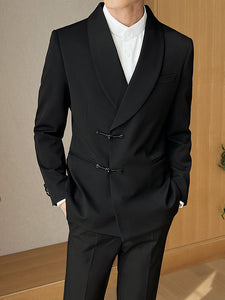 Men’s Retro Solid Color Two-Piece Suit Set – Slim Fit Light Business Outfit with Green Collar