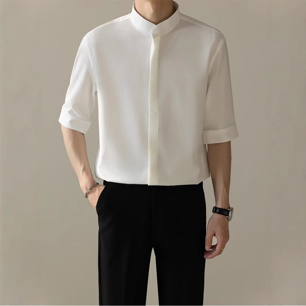 Men’s Thin Stand Collar Short Sleeve Shirt – Casual Lightweight Half Sleeve Summer Top