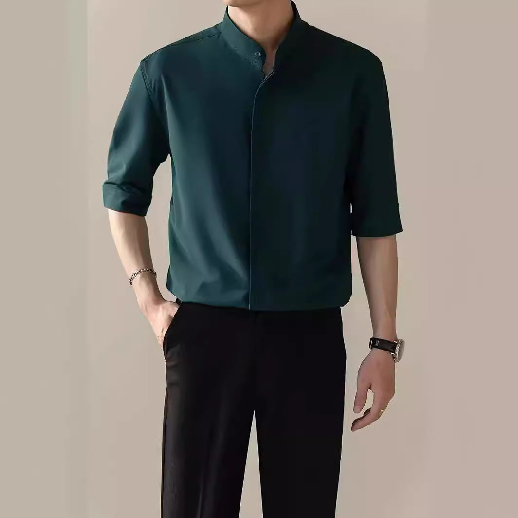 Men’s Thin Stand Collar Short Sleeve Shirt – Casual Lightweight Half Sleeve Summer Top