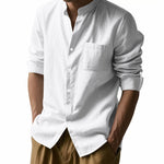 Men’s Long Sleeve Stand Collar Linen Shirt | Casual Button-Up with Pockets – Lightweight & Stylish