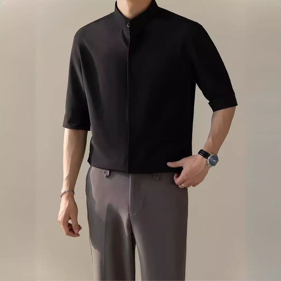Men’s Thin Stand Collar Short Sleeve Shirt – Casual Lightweight Half Sleeve Summer Top