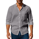Men’s Long Sleeve Stand Collar Linen Shirt | Casual Button-Up with Pockets – Lightweight & Stylish