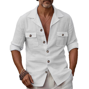 Men’s Linen Tailored Collar Casual Shirt – Spring & Autumn Button Pocket Fashion Top