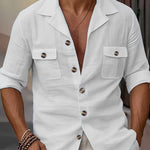 Men’s Linen Tailored Collar Casual Shirt – Spring & Autumn Button Pocket Fashion Top