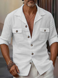 Men’s Linen Tailored Collar Casual Shirt – Spring & Autumn Button Pocket Fashion Top