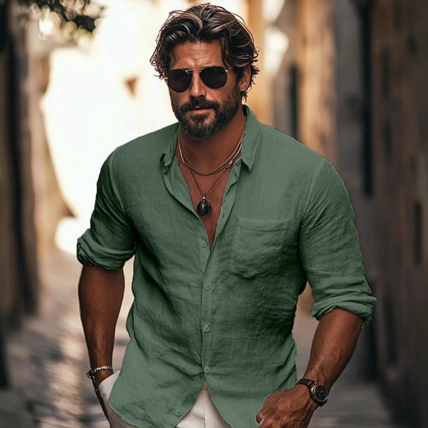Men’s Lapel Long Sleeve Breathable Casual Shirt – Chinese Pocket Design for Spring & Autumn  Meta Description (≤160 characters):