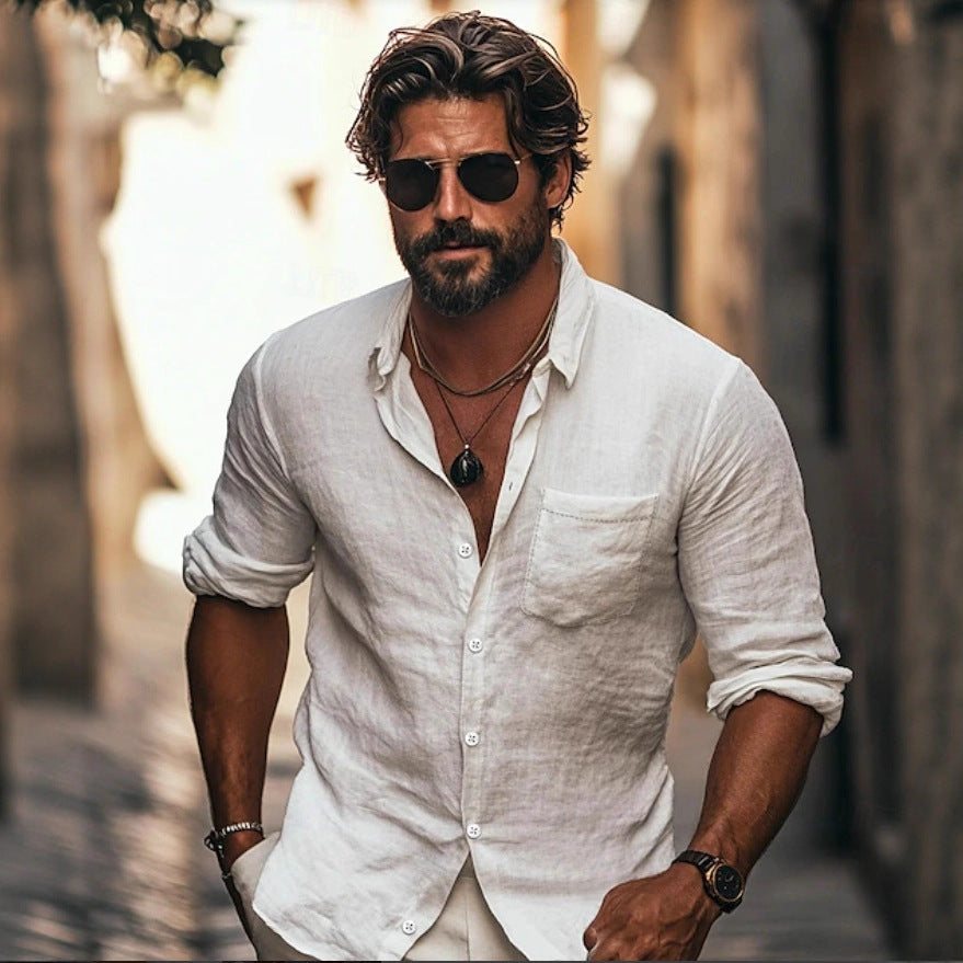 Men’s Lapel Long Sleeve Breathable Casual Shirt – Chinese Pocket Design for Spring & Autumn