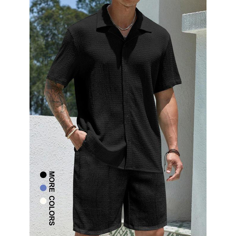 Men’s Solid Color Shirt & Shorts Two-Piece Set – Casual Knitwear Outfit for All Seasons