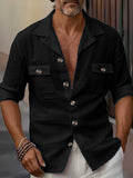 Men’s Linen Tailored Collar Casual Shirt – Spring & Autumn Button Pocket Fashion Top