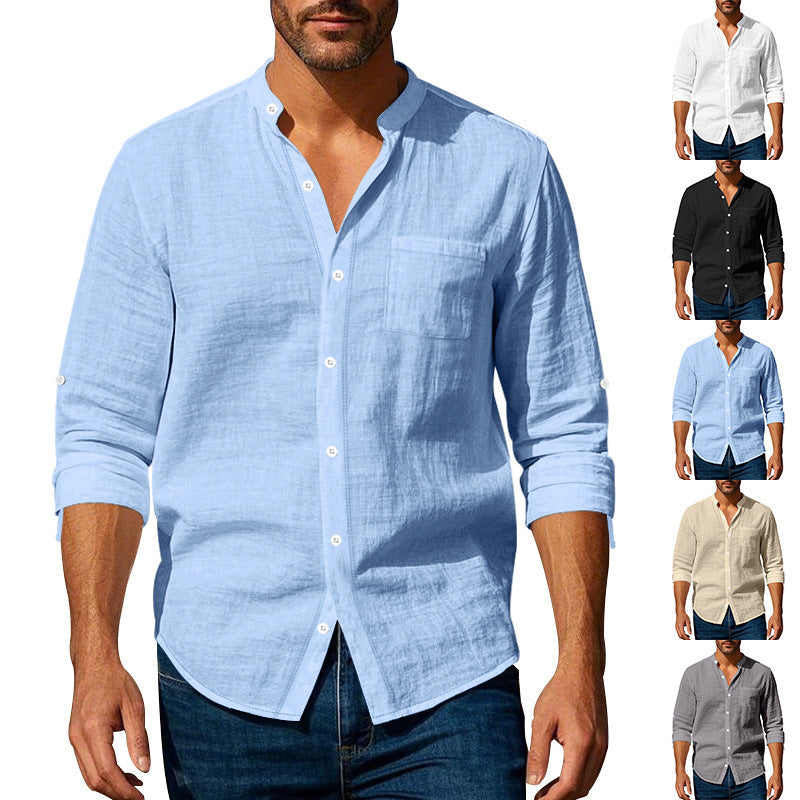 Men’s Long Sleeve Stand Collar Linen Shirt | Casual Button-Up with Pockets – Lightweight & Stylish
