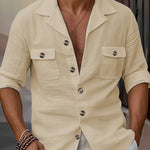 Men’s Linen Tailored Collar Casual Shirt – Spring & Autumn Button Pocket Fashion Top
