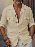Men’s Linen Tailored Collar Casual Shirt – Spring & Autumn Button Pocket Fashion Top