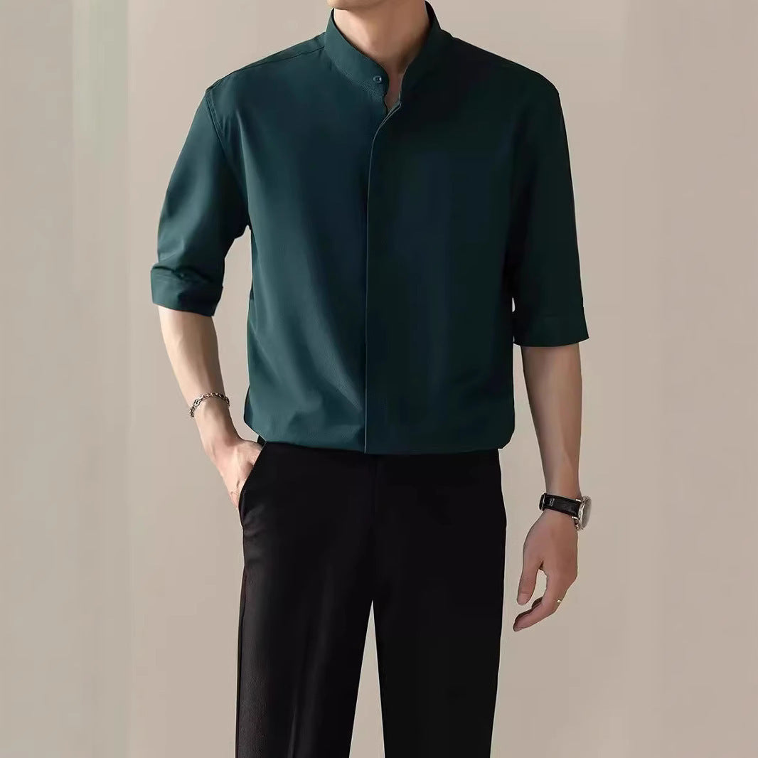 Men’s Thin Stand Collar Short Sleeve Shirt – Casual Lightweight Half Sleeve Summer Top