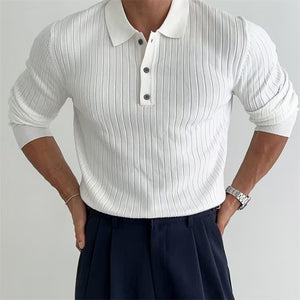 Men’s Slim Fit Lapel Button Polo Shirt – Solid & Striped Knitted Long Sleeve Casual Top