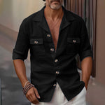 Men’s Linen Tailored Collar Casual Shirt – Spring & Autumn Button Pocket Fashion Top