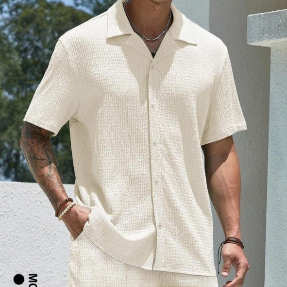 Men’s Solid Color Shirt & Shorts Two-Piece Set – Casual Knitwear Outfit for All Seasons