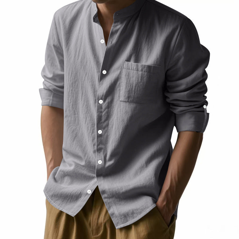 Men’s Long Sleeve Stand Collar Linen Shirt | Casual Button-Up with Pockets – Lightweight & Stylish
