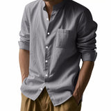Men’s Long Sleeve Stand Collar Linen Shirt | Casual Button-Up with Pockets – Lightweight & Stylish